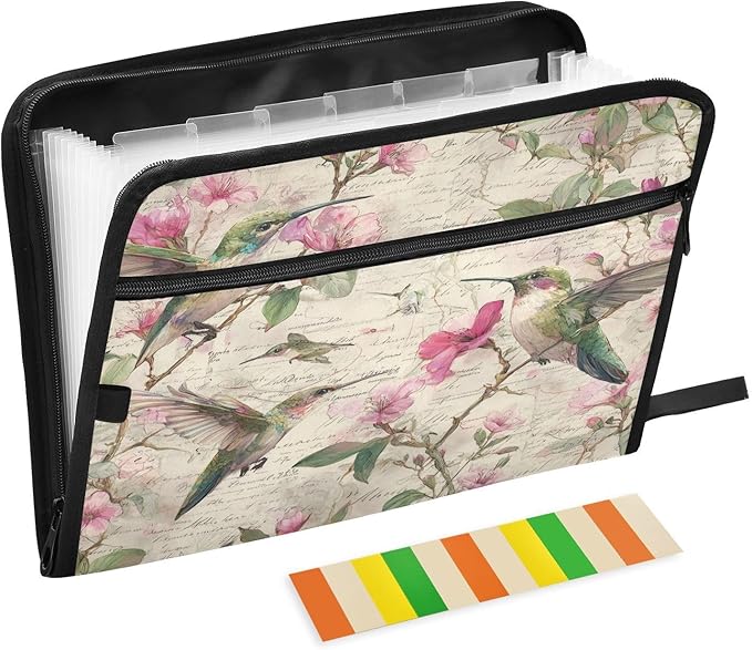 Hummingbird Pink Flowers Expanding File Organizer with 13 Pockets Accordion File Folders with Labels,Portable Document Paper Bill Receipt Organizer,Home College School Office Supplies, Letter