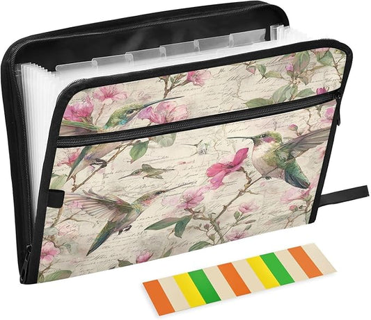 Hummingbird Pink Flowers Expanding File Organizer with 13 Pockets Accordion File Folders with Labels,Portable Document Paper Bill Receipt Organizer,Home College School Office Supplies, Letter