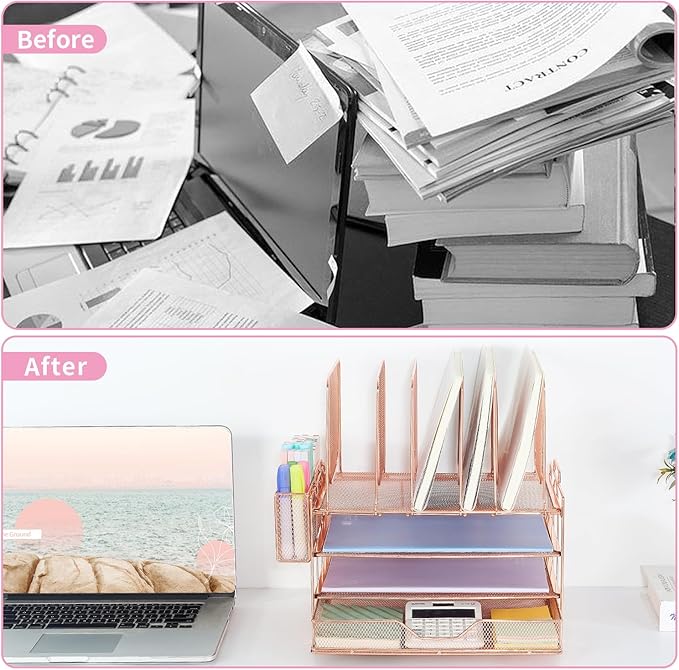 Desk Organizer with 5 Vertical File Holders, 3-Tier Paper Organizer and Drawer, Desk Accessories in Rose Gold