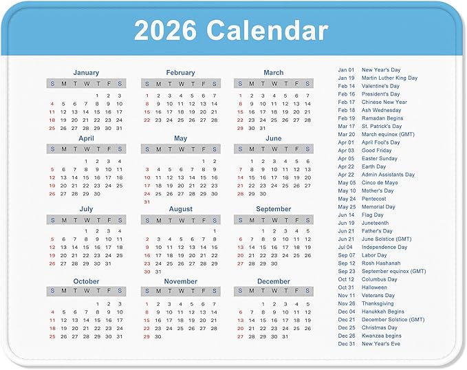 2026 Calendar Mouse Pad, Square New Year 2026 Mousepad 10.2 x 8.3 Inch, Stitched Edge Anti-Slip Waterproof Rubber Computer Mat for Office, Gaming, Laptop, New Year Office Supplies Gift, Blue