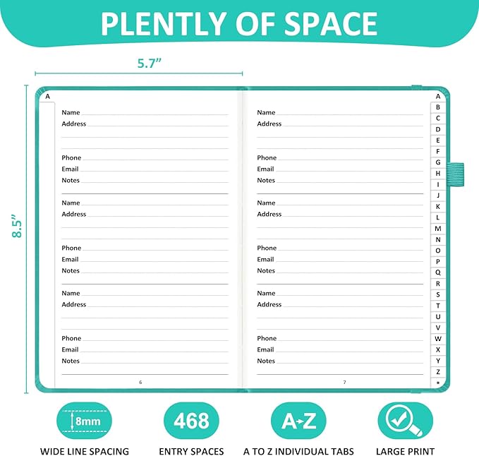 Address Book with Individual Alphabetical Tabs Laminated, Large Print Address Book with 468 Wide Lining Entry Spaces, Change of Address Labels, Hardcover Address Book 5.7 x 8.5" - Aquamarine
