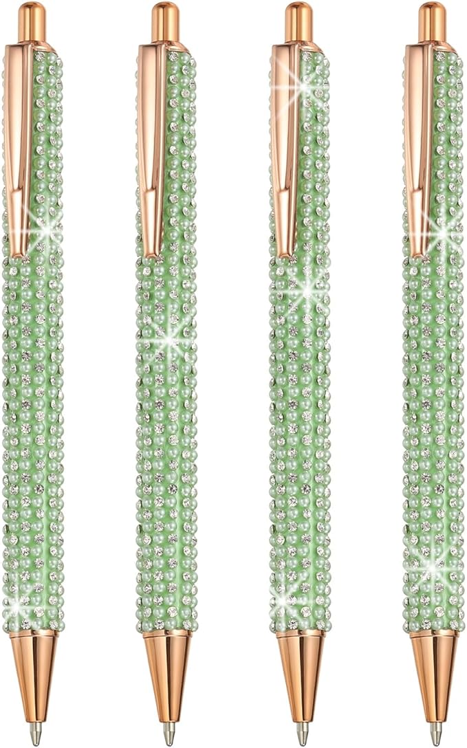 PATIKIL Rhinestone Metal Ballpoint Pen, 4 Pack Crystal Pearl Pens Black Ink 1.0mm Point Sparkly for Women Gift Office Note Taking Journaling, Green