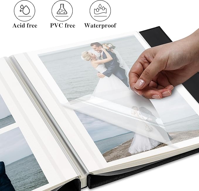 Self Adhesive Photo Album, Black Scrapbook Album with DIY 40 Blank Pages, Wedding Photo Album with A Metallic Pen for 4x6 5x7 2x3 Pictures, 10.6"x11"