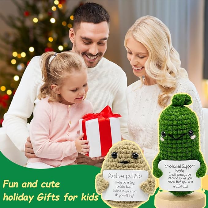 CrazyHome Positive Potato, Emotional Support Pickle Combo | Handmade Crochet Positive Vegetables 2PCS Set - Potato, Mini Cucumbers | Cheer-Up, Motivational, Funny Desk Décor