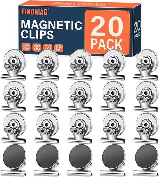 FINDMAG 20 Pack Magnetic Clips Fridge Magnets, Heavy Duty Refrigerator Magnet Clips Whiteboard Magnet, Strong Clips Magnets Scratch Free Metal Magnet Clips for Fridge, Whiteboard, Kitchen, Office