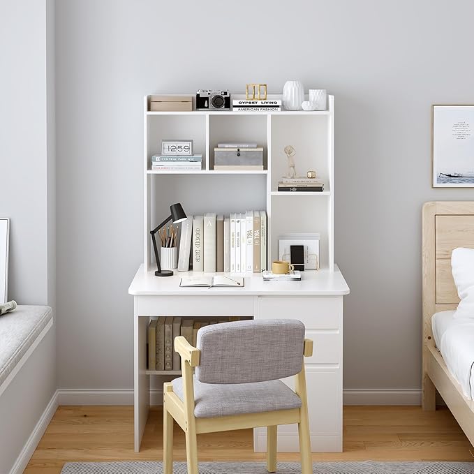 Wooden Desktop Hutch Bookshelf - Free Standing Desk Storage Shelf with Top Edge for Computer Desk, Desktop Bookcase for Dorm, Home or Office, Countertop Organizer, White, 37.4"