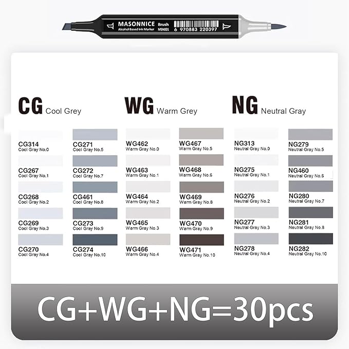 Gray Grey Alcohol Markers Brush Tip, 30pc Warm Neutral Cool Grey Markers Set for Adults Artist Coloring Book Shading Layering Drawing Sketching Brush Chisel Tips Gifts