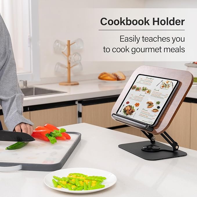 Book Stand for Reading, Adjustable Book Holder with 360° Rotating Base & Elastic Page Clips, Foldable Cookbook Stand for Office, Kitchen, School Textbook, Recipe, Magazine,Tablet
