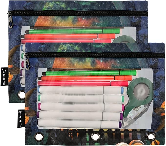 ZAZYXTJ Personalized Halloween Binder Pencil Pouchs 3 Ring with Zipper Clear Window Office Organizers bag for School Students Teacher Supplies 2 Pack