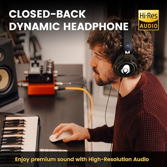 Wired Over Ear Headphones Studio Monitor Podcast Closed Back Headsets with 50mm Neodymium Drivers and 1/4 to 3.5mm Jack for AMP Computer Recording Mixing DJ Guitar Keyboard Laptop - Black