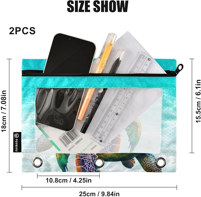 Sea Turtle Pencil Pouch for 3 Ring Binder, 2 Pack Waterproof Pencil Bags Clear Window Zipper School Office Supplies