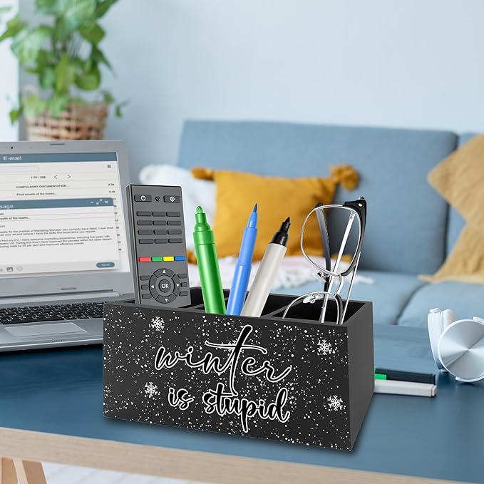 Funny Black Christmas Pen Pencil Holder Organizer for Desk, Winter Is Stupid Winter Snowy Xmas Snowflake Wooden Box Signs Decorations for Home Office Desk Tabletop