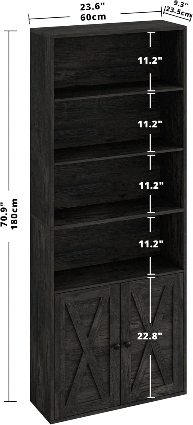 IRONCK Industrial Bookshelves and Bookcases with Doors Floor Standing 6 Shelf Display Storage Shelves 70 in Tall Bookcase for Home Office, Living Room