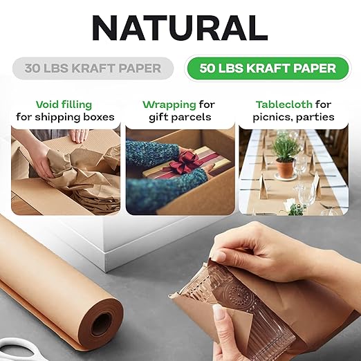 IDL Packaging 18" x 8640" (720 feet) - Brown Kraft Paper Roll for Heavy Duty - 50lb Thickness - USA-Made Paper for Packing, Moving, Shipping, Crafts - 100% Recyclable Natural Kraft Wrapping Paper