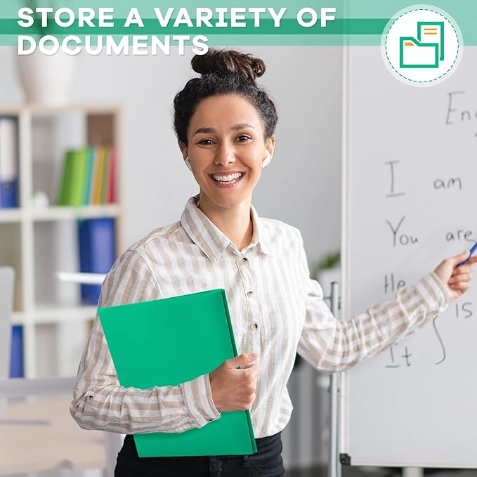 Henoyso 48 Pcs Plastic Folder with Clear Front Pocket and 3 Prongs Heavy Duty Plastic Folders with Card Slot Pocket Folders with Prongs for School Office Home(Green)