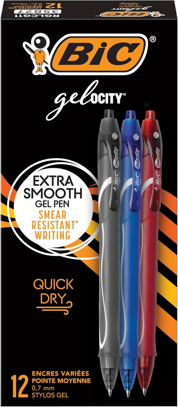 BIC Gelocity Quick Dry Assorted Colors Gel Pens, Medium Point (0.7mm), 12-Count Pack, Retractable Gel Pens With Comfortable Full Grip