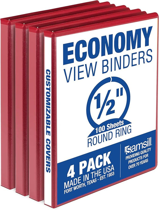 Samsill 0.5 Inch 3 Ring Binder, Made in USA, Economy Round Ring, Clear View Cover, 100 Sheet Capacity - for School, Home, Office - Red, 4 Pack