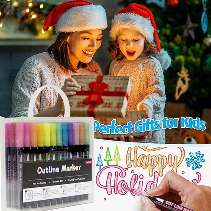 Double Line Outline Markers 12 Colors Super Squiggles Glitter Self Outline Metallic, Doodle Shimmer Drawing Pens for Christmas Greeting Card, Birthday Gift, DIY Art Crafts