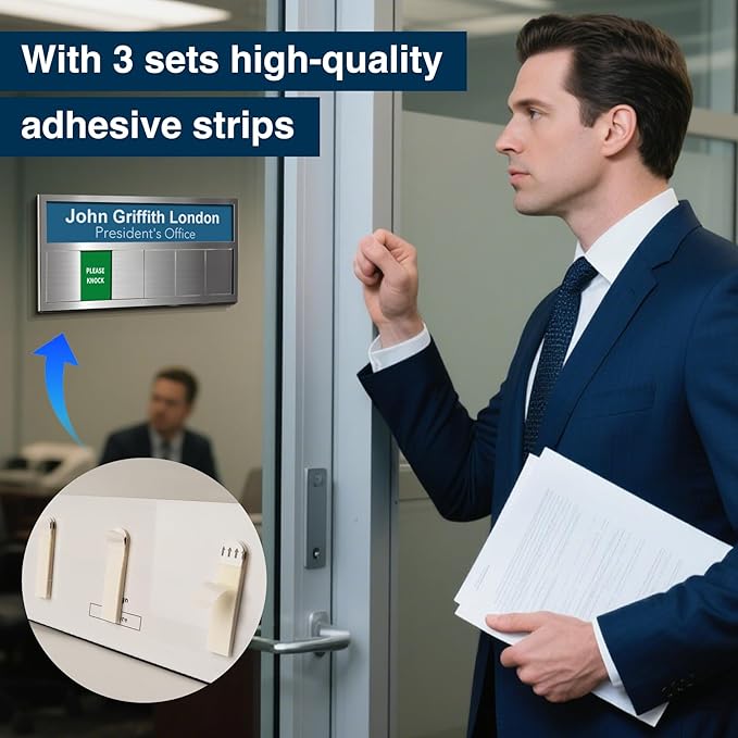 Name Plate for Desk& Office Door Sign, 6 Options Do Not Disturb, In A Meeting, Out of Office, Working Remotely, Please Knock, Stick or Stand with Desk Name Plate, Brushed Silver no icon