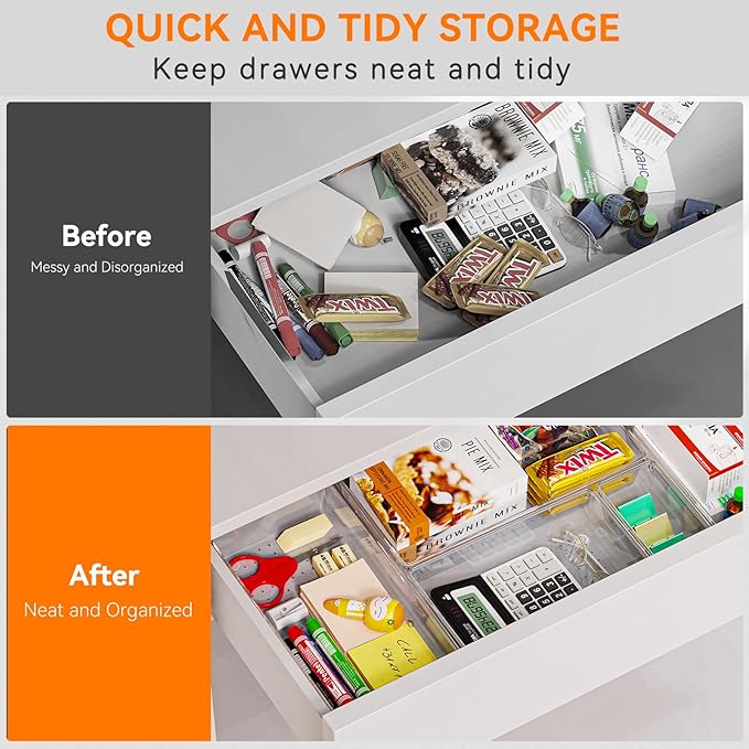 Criusia 21 Pack Large Clear Plastic Drawer Organizer Trays | BPA-Free Acrylic Organizer Bins for Large Kitchen Utensils, Bathroom, Makeup, Jewelries, Office Desk, School Supplies, Perfume