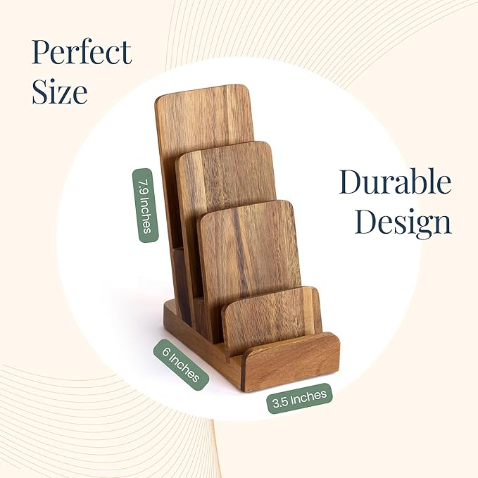 Brochure Holder - 4-Tier Acacia Wood Brochure Display Stand - Waterproof Flyer Stand w/Non-Slip Base - Handmade Flyer Holder for Flyer Display, Menu Holder, Pamphlet & Business Cards- [Pack of 1]