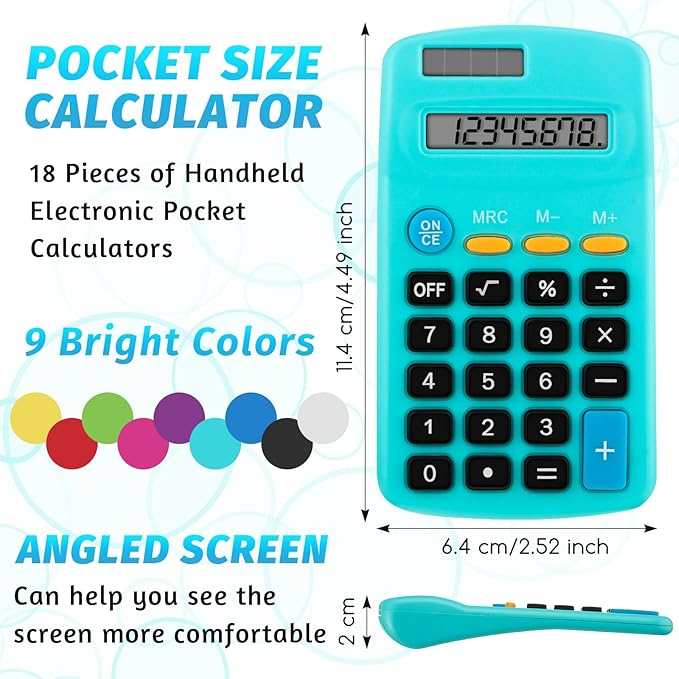18 Pieces Operation Pocket Size Student Function Calculator Mini Colorful Basic Solar Battery Calculator Bulk for Student School Home Office Desktop Accounting Tools