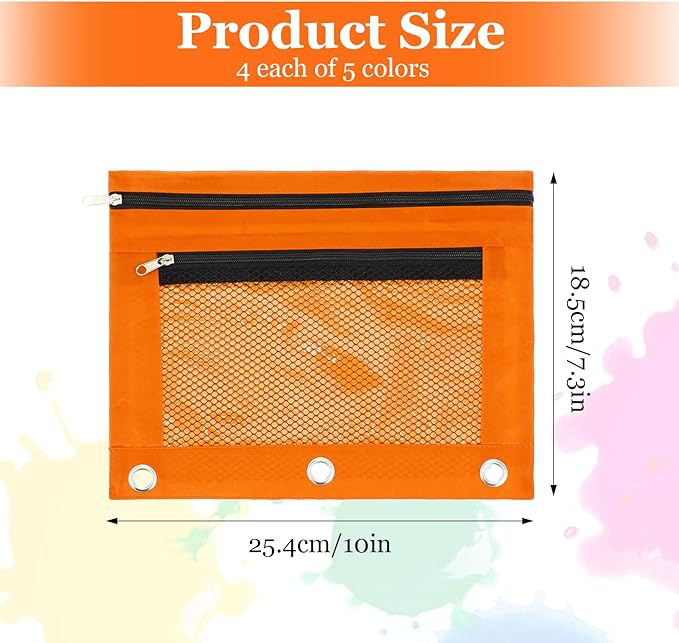 20 Pieces 3 Ring Pencil Pouch Bag Bulk Zipper Pouches for 3 Ring Binder with Clear Window for Pencil Cases Office Supplies(5 Color)