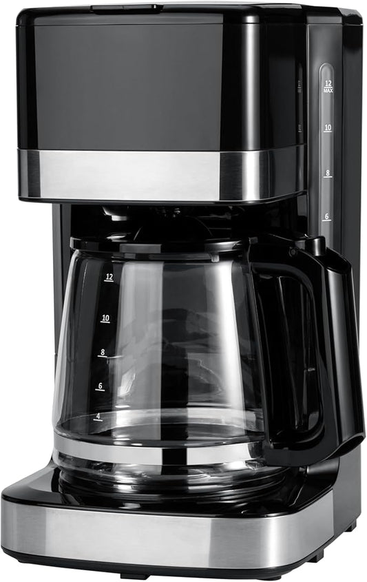 Amazon Basics 12 Cup Drip Coffee Maker, Coffee Machine with Glass Coffee Pot (1.9 Qt), Auto Shut-off, Auto Pause, Removable Filter Basket, Black & Silver