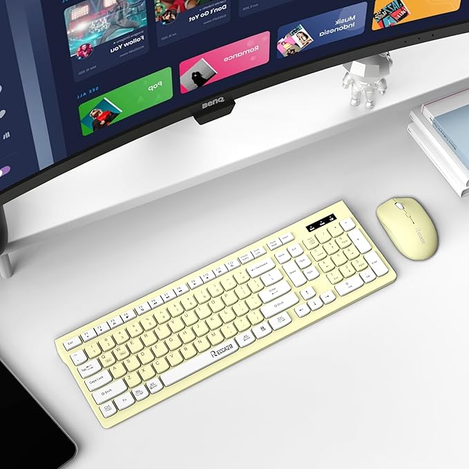 Wireless Keyboard and Mouse Combo, Full-Sized Wireless Keyboard and Adjustable DPI Mouse, 2.4GHz USB Receiver, Keyboard and Mouse for PC, Windows, Desktop, Laptop (Canary Yellow)