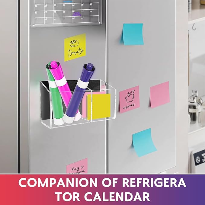 Magnetic Dry Erase Marker Holder for Whiteboard，Acrylic Magnetic Pen Holder for Fridge, 2 Compartments Whiteboard for Office, Home, Locker(Clear)-Brown