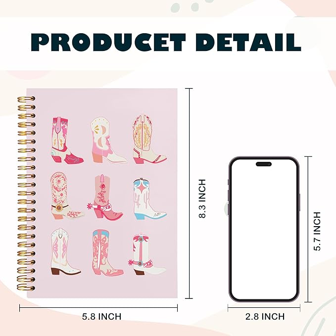 BearCake Cute Pink Cowgirl Boots Spiral Journal Notebooks Women Girls,Western Cowgirl Gifts for Women,Western Office Supplies, Western Stuff for Women,Cowgirl Stuff, Boho Western Notebook,Cute Notebooks for Women 5.5x8.3