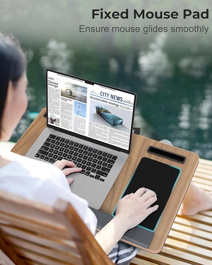 Lap Desk - Up to 17” Laptop Tray with Wrist Rest, Portable Handle, Fixed Mouse Pad, Tablet & Phone Slots, Laptop Stand for Bed with Cushion (Dark Brown Woodgrain)