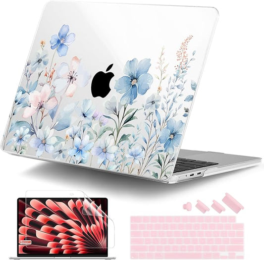 DONGKE Compatible with M4 MacBook Air 15 inch Case 2025 2024 2023 A3241 A3114 A2941 M3 M2 Liquid Retina Display Touch ID, Plastic Hard Case & Keyboard Skin & Screen Protector - Blue Flowers