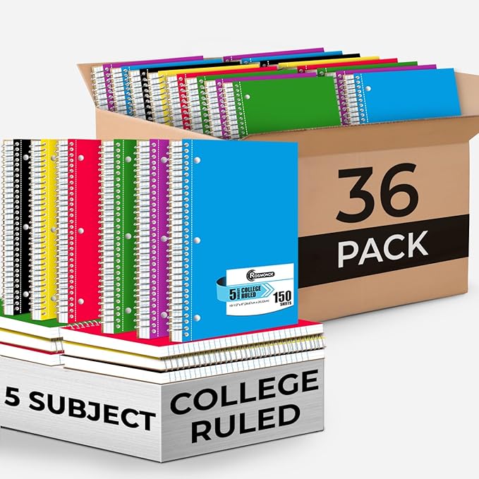 Spiral Notebook 36 Pack, 5 Subject, 300 Pages/Book (150 Sheets), College Ruled, 8 x 10-1/2, School & Office Bulk Spiral Notebooks, Sturdy Spiral Journal Notebook, Soft Cover, Assorted Colors