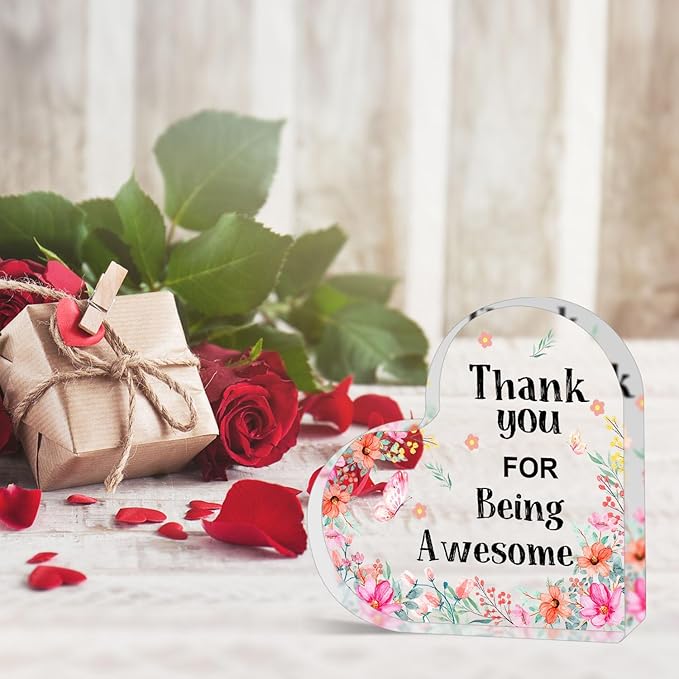 QUPT Appreciation Gifts for Women, Thank You Gifts, Heart Shape Acrylic Keepsake, Inspirational Gifts for Coworker Boss, Thank You for Being Awesome Acrylic Sign, Thank You Gifts for Women