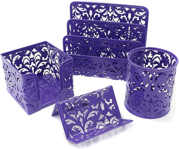 EasyPAG Desk Organizers and Accessories 5 Pieces Office Supplies Set - Vertical File Organizer, Pencil Cup for Desk, Mail Sorter Countertop, Business Card Holder and Sticky Note Holder, Purple