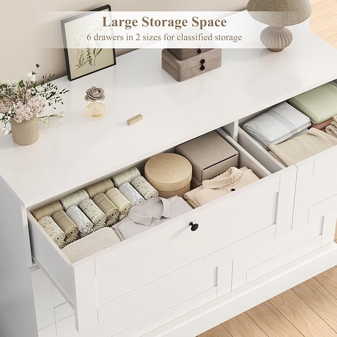 HOSTACK 6 Drawer Dresser, White Dresser for Bedroom, Wood Wide Chest of Drawers, Modern Drawer Chest for Living Room, Entryway, Hallway, White