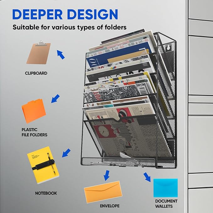 6-Tier Magnetic File Holder, No Drilling Installation File Cabinet Organizer,Black Magnetic File Holders, Magnetic Paper Holder for Refrigerator,File Cabinets, Whiteboard