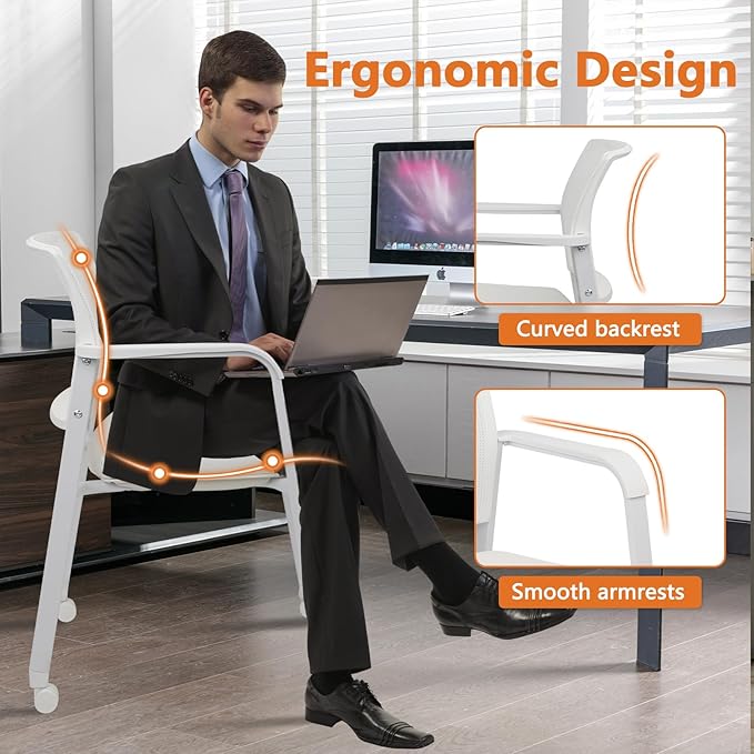 CLATINA Stacking Office Chairs with Wheels | Mesh Back, Thicken Leather Seat and Streamline Armrests, Ergonomic Lumber Support | School, Desk, Guest Reception, Waiting, Conference, White