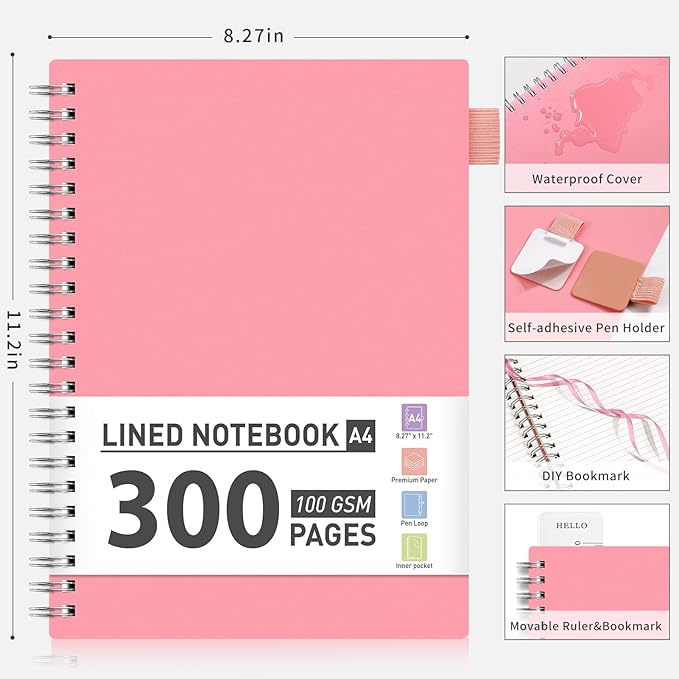 AHGXG Spiral Journal Notebook - College Ruled Notebook 8.5" x 11", 300 Pages Thick Journal for Women, 100GSM Thick Paper, Plastic Hardcover A4 Journal for Writing Work School Supplies, Pink