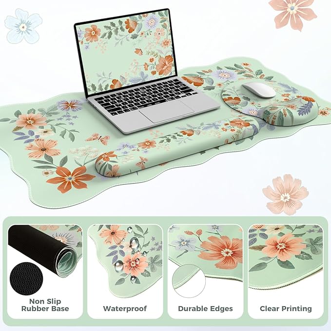 Desk Pad Mat Green, Wrist Rest Support for Mouse Pad&Keyboard Set, Scalloped Vanity mat Protector for Makeup, Cute Floral Nail Mat, Aesthetic Desk Protector for Women's Office Home, Dorm