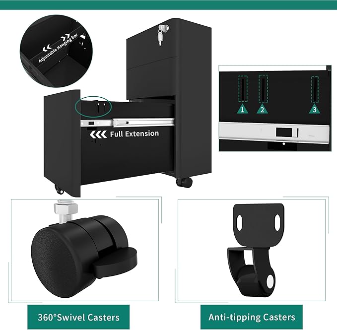 YITAHOME 3-Drawer Metal Filing Cabinet Office, Compact Portable Slim File Cabinet Drawers with Keys, Pre-Built Office Storage Cabinet for A4/Letter/Legal (Black)