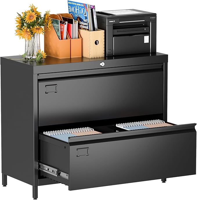 Lateral File Cabinet with 2 Drawers, Metal Wide Lateral Filing Cabinet with Lock for Hanging Files Letter/Legal/F4/A4 Size for Home Office School, 2 Drawer, Assembly Required, Black