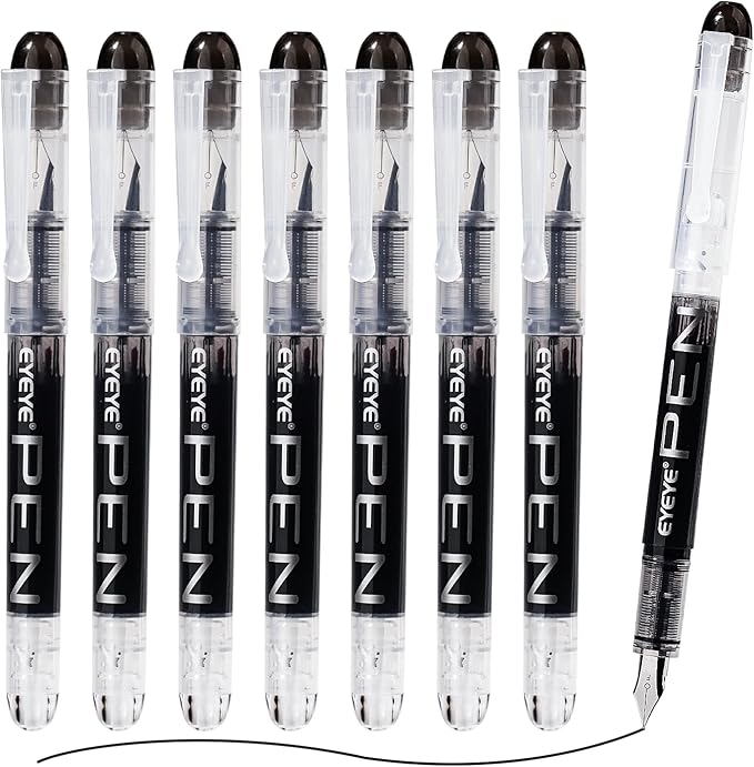 EYEYE Disposable Fountain Pens Fine Point, 8 Pack Black Calligraphy Pens for Writing, Stainless Steel Nib, Smooth Writing for Journaling, Drafting, Sketching, Doodling & Office Supplies