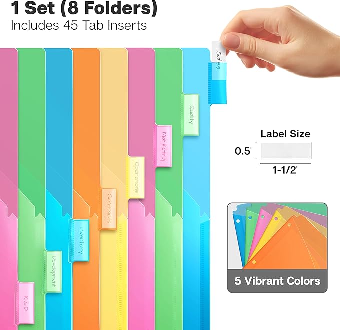 Dunwell 8-Tab Binder Dividers with Slash Pocket, Plastic 1 Pocket Dividers with Index Tabs for 3 Ring Binder, Multicolor, Poly Subject Notebook Divider, Binder Pocket Includes Label Inserts
