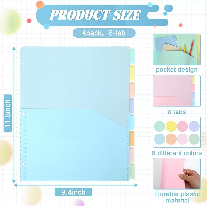 32 Pcs/4 Sets 8 Tab Binder Dividers with Pockets Plastic Tabs Dividers for 3 Ring Binder with Pockets Colorful Sturdy Subject Notebook Divider for Office School Home Business Organizer (Pastel)