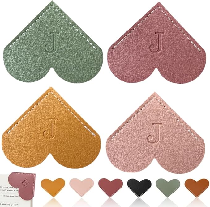 Personalized Leather Heart Bookmark, 26 Letters Customized Corner Book Mark for Reading Women, Book Marker with Initials，Cute Gifts (Light Pink+Deep Pink+Green+Light Brown, J)
