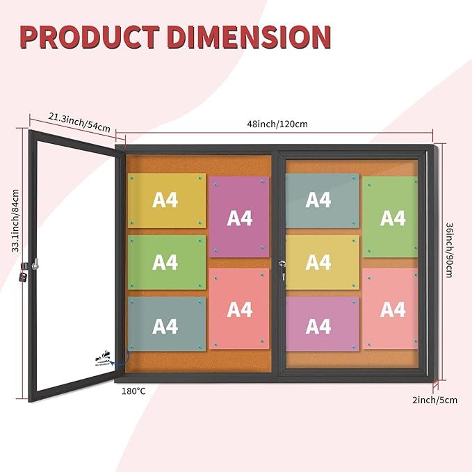 Lockable Outdoor Enclosed Bulletin Board,Weatherproof Cork Noticeboard with Locking Door, Wall-Mounted Aluminum Frame Display Case for Office, Home, School (Black Frame | Cork Surface, 44x32 inch)