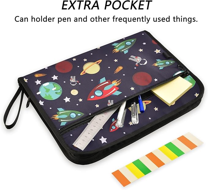 Expanding File Folder - Rocket Planets Star Astronaut 13 Pocket Accordion File Folders with Sticky Labels, A4 Letter Size Paper Document Organizer with Zipper Closure for Office School Boys Girls
