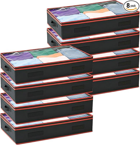 6 Inches Under Bed Storage Containers with Clear Lids | Pack of 8 Underbed Shoe Storage Foldable Clothes Organizer Bins for Blankets, Pillows, Sturdy Handles, Dustproof, & Seasonal Items